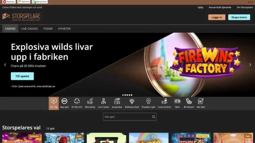 Startsida hos Storspelare Casino